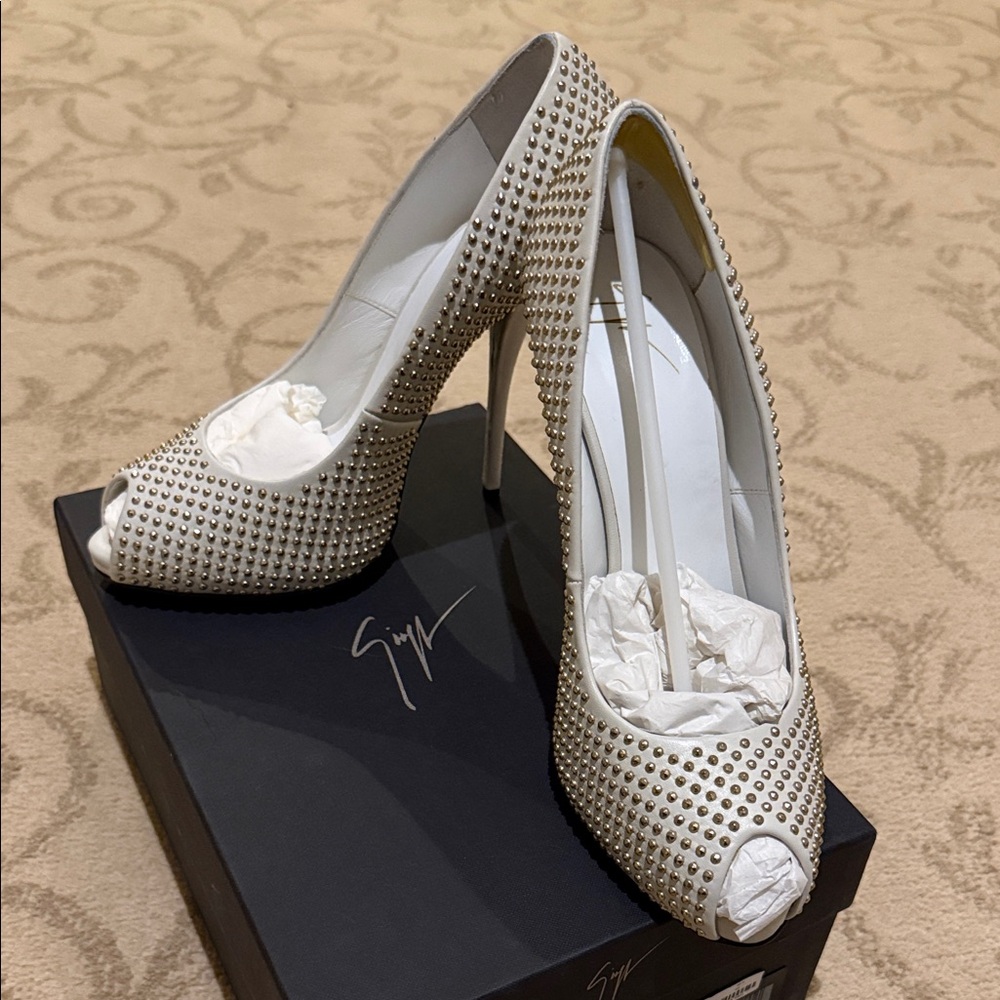 Giuseppe Zanotti Silver Studded Peep-Toe Heels